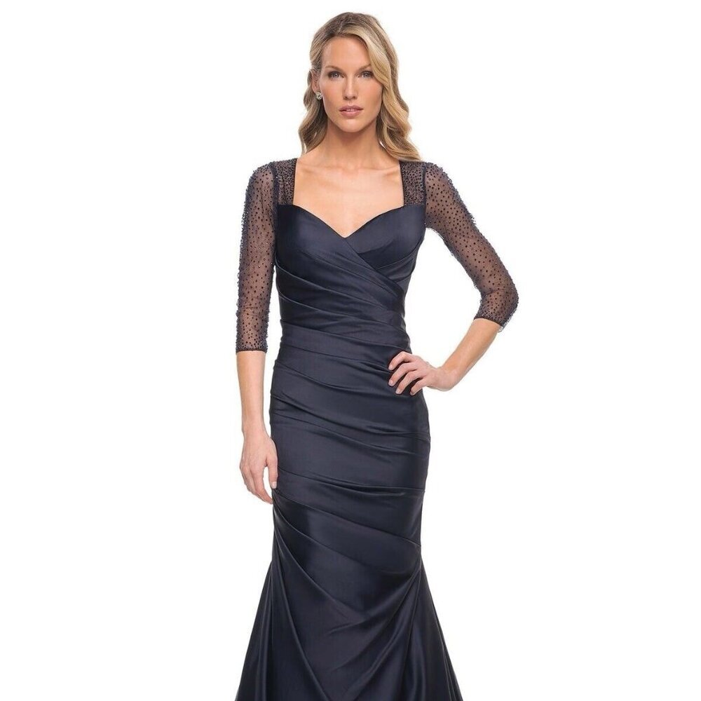 La Femme Womens 14 Navy Blue Satin Illusion Beaded Mermaid Formal Gownever wore.